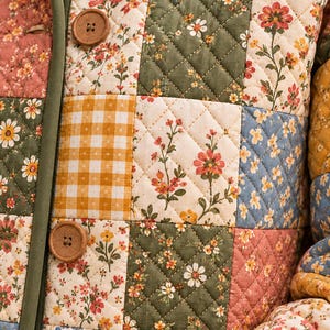K&ouml;nnte beinhalten: Eine gesteppte Jacke mit einem Patchwork-Design aus verschiedenen Blumenmustern und einem gelben Vichy-Karo. Das Kleidungsst&uuml;ck hat einen dunkelolivgr&uuml;nen Saum an der Vorderseite und wird mit zwei runden, hellbraunen Holzkn&ouml;pfen geschlossen.