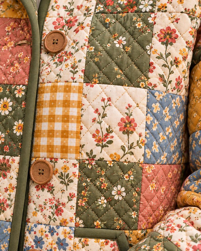 K&ouml;nnte beinhalten: Eine gesteppte Jacke mit einem Patchwork-Design aus verschiedenen Blumenmustern und einem gelben Vichy-Karo. Das Kleidungsst&uuml;ck hat einen dunkelolivgr&uuml;nen Saum an der Vorderseite und wird mit zwei runden, hellbraunen Holzkn&ouml;pfen geschlossen.