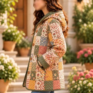 K&ouml;nnte beinhalten: Eine gesteppte Kapuzenjacke mit einem Patchwork-Design aus verschiedenen Blumen- und geometrischen Mustern in Gr&uuml;n-, Gelb-, Rosa- und Wei&szlig;t&ouml;nen. Die Jacke hat einen olivgr&uuml;nen Saum, eine Knopfleiste vorne und zwei Seitentaschen.