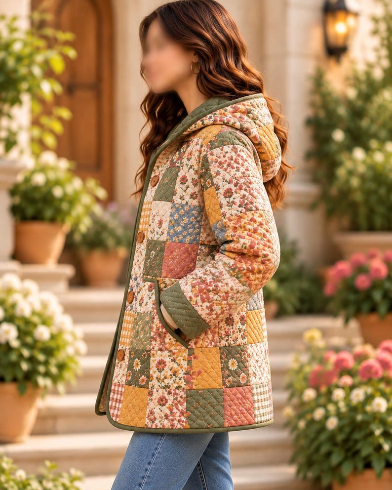 K&ouml;nnte beinhalten: Eine gesteppte Kapuzenjacke mit einem Patchwork-Design aus verschiedenen Blumen- und geometrischen Mustern in Gr&uuml;n-, Gelb-, Rosa- und Wei&szlig;t&ouml;nen. Die Jacke hat einen olivgr&uuml;nen Saum, eine Knopfleiste vorne und zwei Seitentaschen.