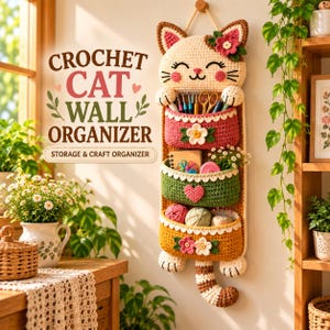Könnte beinhalten: Ein hängender Wand-Organizer in Katzenform, gefertigt aus Häkelgarn. Er verfügt über drei übereinander angeordnete Taschen in Pink, Grün und Gelb, die mit Blumen und einem Herz verziert sind. Der Katzenkopf hat gestickte Augen und Schnurrhaare.