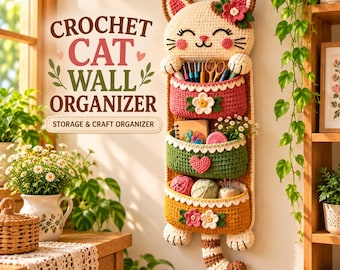 Crochet Cat Wall Organizer Pattern | Cat Hanging Storage Basket PDF | Three Pocket Crochet Organizer