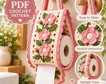 Crochet Toilet Paper Holder Pattern PDF, Floral Hanging Tissue Cover, Cottagecore Bathroom Decor