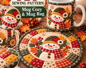 Quilted Snowman Table Mat & Mug Cozy Pattern PDF, Patchwork Sewing Pattern, Snowman Appliqué, Winter Quilting