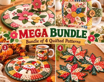 Quilted Mug Rug & Mug Cozy PDF Sewing Pattern Bundle, 4 Patterns, Snowman Table Mat, Maple Leaf, Floral Mug Wrap, Fall Mug Rug Quilt