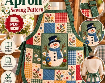 Quilted Snowman Apron Sewing Pattern, Christmas Patchwork Kitchen Apron PDF, Snowman Applique Sewing Pattern