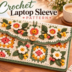 Könnte beinhalten: Eine rechteckige Laptop-Hülle aus Häkelarbeit mit cremefarbener Basis und bunten Granny-Square-Motiven in Gelb, Orange und Pink. Die Klappe ist mit dreidimensionalen weißen Blumen, grünen Blättern und kleinen gelben Beeren verziert und wird mit einem Holzknopf verschlossen.