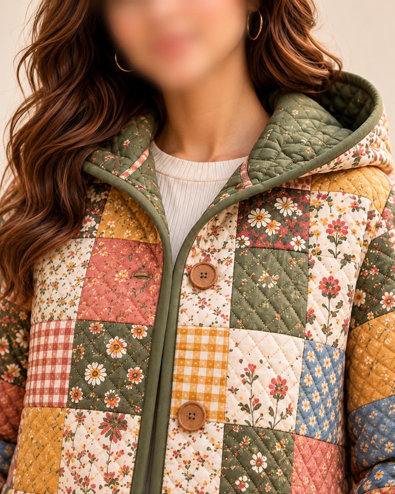 K&ouml;nnte beinhalten: Eine gesteppte Kapuzenjacke mit einem Patchwork-Design aus verschiedenen Blumen- und Vichy-Karomustern in Olivgr&uuml;n, Senfgelb, Altrosa und Blau. Die Jacke hat einen einfarbigen olivgr&uuml;nen Saum und zwei runde braune Kn&ouml;pfe.
