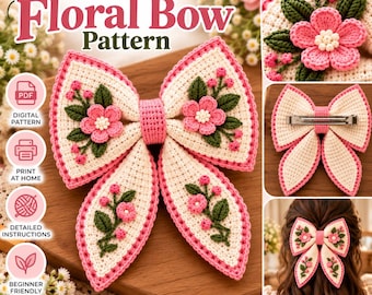 Crochet Floral Bow Pattern PDF | Crochet Hair Bow Pattern with Flowers, Leaves & Buds | DIY Hair Accessory