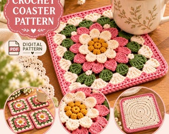 Crochet Floral Coaster Pattern PDF, 3D Daisy Granny Square, Mug Rug Crochet Tutorial, Flower Table Decor