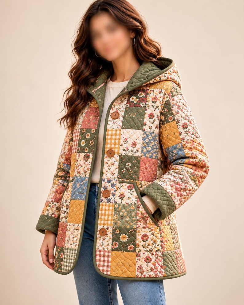 K&ouml;nnte beinhalten: Eine gesteppte Kapuzenjacke mit einem Patchwork-Design aus Blumen- und Vichy-Karomustern in Olivgr&uuml;n, Senfgelb, Rosa und Blau. Die Jacke verf&uuml;gt &uuml;ber eine Knopfleiste, lange &Auml;rmel und einen einfarbigen olivgr&uuml;nen Saum.