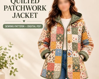 Quilted Patchwork Jacket Sewing Pattern PDF, Women's Hooded Coat, Floral Quilted Jacket DIY