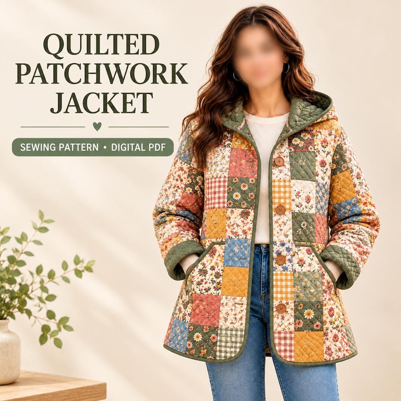K&ouml;nnte beinhalten: Eine gesteppte Patchwork-Jacke mit verschiedenen Blumen- und Vichy-Karomustern in Gr&uuml;n-, Gelb-, Rosa- und Blaut&ouml;nen. Die Jacke hat eine Kapuze, lange &Auml;rmel, Vordertaschen und braune Kn&ouml;pfe. Text: QUILTED PATCHWORK JACKET SEWING PATTERN DIGITAL PDF.