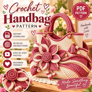 Könnte beinhalten: Eine Häkelanleitung für eine Handtasche in Creme und Dunkelrosa. Die Tasche hat eine große zentrale Blumenapplikation, dekorative Quasten mit Perlen und zwei Griffe. Der Text enthält Crochet Handbag Pattern, PDF, Instant Download und mehr.
