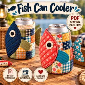 May include: Two quilted fabric can coolers shaped like fish, one blue and one red, featuring patchwork patterns of gingham, floral, and solid fabrics. The text Fish Can Cooler, PDF SEWING PATTERN, INSTANT DOWNLOAD, DETAILED INSTRUCTIONS, and BEGINNER FRIENDLY is visible.