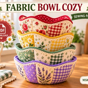 May include: A stack of four quilted fabric bowl cozies featuring scalloped edges with lace trim. Each cozy displays a mix of floral and gingham patterns in red, yellow, green, and purple. The image includes text reading FABRIC BOWL COZY, SEWING PATTERN, and PDF DOWNLOAD.