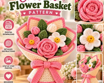 Crochet Flower Basket Pattern PDF | Mini Crochet Bouquet Pattern, Floral Home Decor, DIY Flower Arrangement