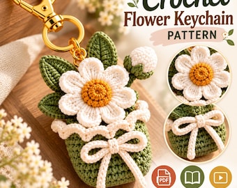 Crochet Flower Keychain Pattern PDF, Daisy Pot Key Fob, Floral Bag Charm & Crochet Keyring Tutorial