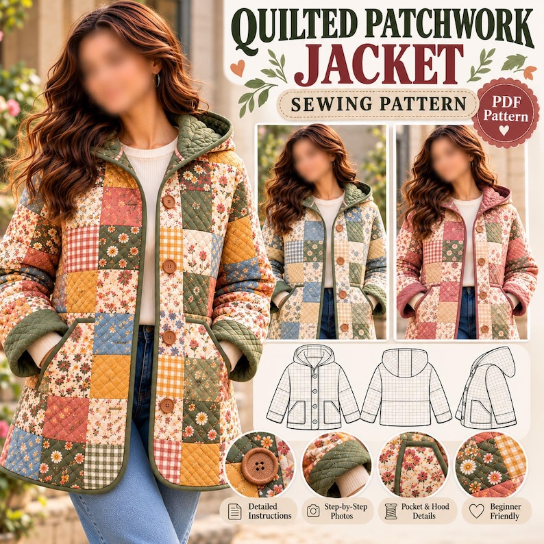 K&ouml;nnte beinhalten: Ein Schnittmuster f&uuml;r eine gesteppte Patchwork-Jacke mit Kapuze, bestehend aus floralen und karierten Quadraten in gedeckten Farben. Das Dokument enth&auml;lt den Text Quilted Patchwork Jacket Sewing Pattern, PDF Pattern und technische Skizzen.