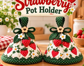 Strawberry Pot Holder Sewing Pattern PDF, Quilted Kitchen Hot Pad, Hanging Fabric Holder, Cottagecore Kitchen Decor
