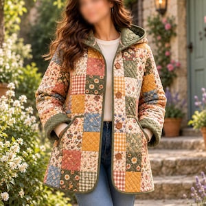 K&ouml;nnte beinhalten: Eine gesteppte Jacke mit einem Patchwork-Design aus Blumen- und Vichy-Mustern in Gelb-, Gr&uuml;n-, Blau- und Rosat&ouml;nen. Die Jacke verf&uuml;gt &uuml;ber eine Kapuze, lange &Auml;rmel, zwei Vordertaschen und eine Knopfleiste mit braunen Kn&ouml;pfen.