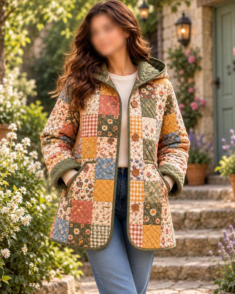 K&ouml;nnte beinhalten: Eine gesteppte Jacke mit einem Patchwork-Design aus Blumen- und Vichy-Mustern in Gelb-, Gr&uuml;n-, Blau- und Rosat&ouml;nen. Die Jacke verf&uuml;gt &uuml;ber eine Kapuze, lange &Auml;rmel, zwei Vordertaschen und eine Knopfleiste mit braunen Kn&ouml;pfen.