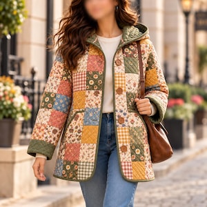 K&ouml;nnte beinhalten: Eine gesteppte Jacke mit einem Patchwork-Design aus Blumen- und Vichy-Karomustern in Gr&uuml;n-, Gelb-, Blau- und Rosat&ouml;nen. Die Jacke hat eine Kapuze, lange &Auml;rmel und vier braune Kn&ouml;pfe auf der Vorderseite und wird &uuml;ber einem wei&szlig;en Oberteil und blauen Jeans getragen.