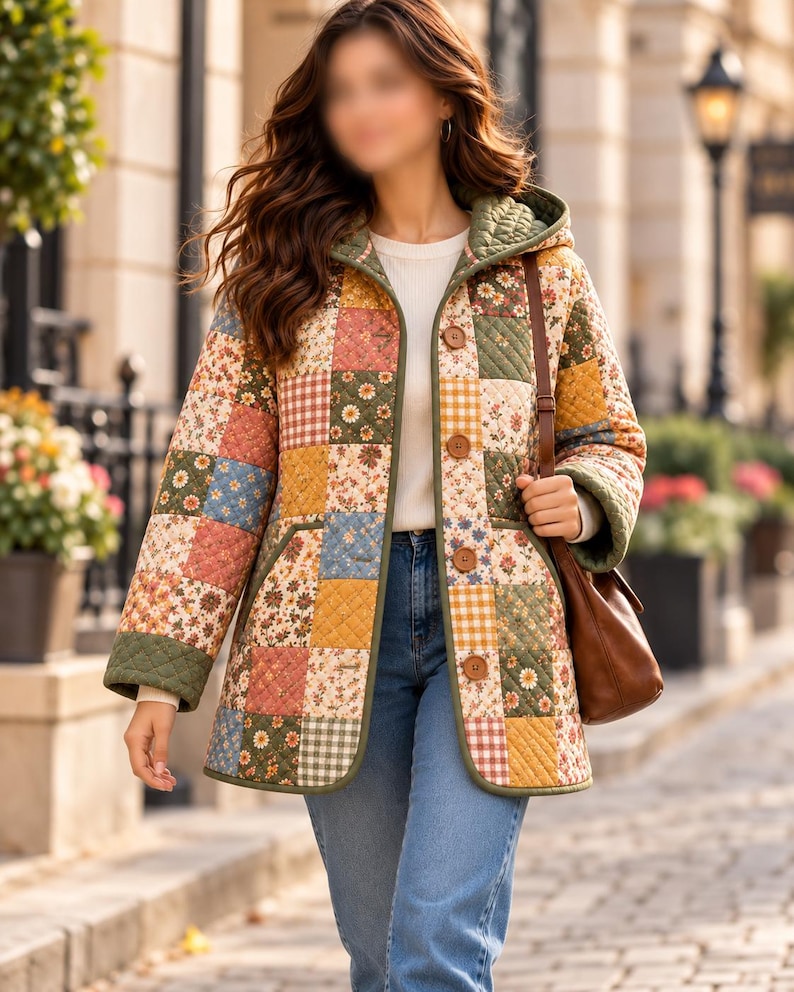 K&ouml;nnte beinhalten: Eine gesteppte Jacke mit einem Patchwork-Design aus Blumen- und Vichy-Karomustern in Gr&uuml;n-, Gelb-, Blau- und Rosat&ouml;nen. Die Jacke hat eine Kapuze, lange &Auml;rmel und vier braune Kn&ouml;pfe auf der Vorderseite und wird &uuml;ber einem wei&szlig;en Oberteil und blauen Jeans getragen.