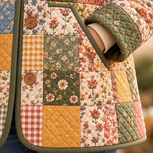 K&ouml;nnte beinhalten: Eine gesteppte Jacke mit einem Patchwork-Design aus Blumen- und Vichy-Karomustern in Olivgr&uuml;n, Senfgelb und Creme. Die Jacke hat zwei braune Kn&ouml;pfe, einen einfarbigen olivgr&uuml;nen Saum und lange &Auml;rmel mit gerippten B&uuml;ndchen.