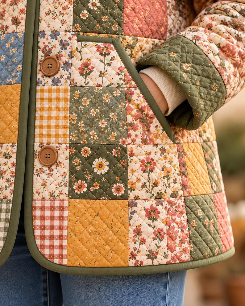 K&ouml;nnte beinhalten: Eine gesteppte Jacke mit einem Patchwork-Design aus Blumen- und Vichy-Karomustern in Olivgr&uuml;n, Senfgelb und Creme. Die Jacke hat zwei braune Kn&ouml;pfe, einen einfarbigen olivgr&uuml;nen Saum und lange &Auml;rmel mit gerippten B&uuml;ndchen.