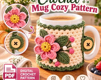 Crochet Mug Cozy Pattern PDF, Floral Crochet Cup Cozy, Flower Mug Warmer, Coffee Cup Sleeve, DIY Crochet Gift