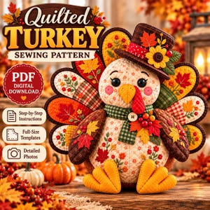 Quilted Turkey Sewing Pattern, Patchwork Thanksgiving Turkey Doll PDF, Fall Fabric Decor