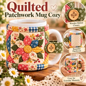 May include: A quilted patchwork mug cozy featuring a central floral applique with red, yellow, and blue fabric petals. The cozy has a green floral fabric strap secured by a round wooden button with a snowflake-like engraving.