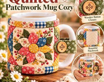 Quilted Flower Mug Cozy Pattern, Floral Patchwork Cup Sleeve PDF, 3D Fabric Flower Applique Sewing Pattern