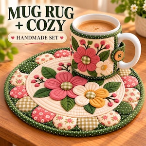 Könnte beinhalten: Ein gestepptes Tassenuntersetzer- und Tassenwärmer-Set mit floralen Applikationen in Rosa, Weiß und Grün. Der runde Untersetzer und der zylindrische Wärmer sind mit Stoffblumen, grünen Blättern und einem kleinen Holzknopf verziert. Text: MUG RUG + COZY HANDMADE SET.