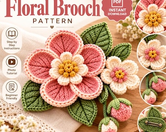 Crochet Floral Brooch Pattern PDF , Crochet Flower Brooch, Botanical Pin, DIY Crochet Jewelry