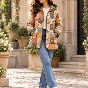 K&ouml;nnte beinhalten: Eine gesteppte Jacke mit einem Patchwork-Design aus Blumen- und Vichy-Karomustern in Gelb-, Gr&uuml;n-, Blau- und Rosat&ouml;nen. Die Jacke hat eine Kapuze, lange &Auml;rmel, eine Knopfleiste und zwei Vordertaschen und wird &uuml;ber einem wei&szlig;en Oberteil und einer blauen Jeans getragen.