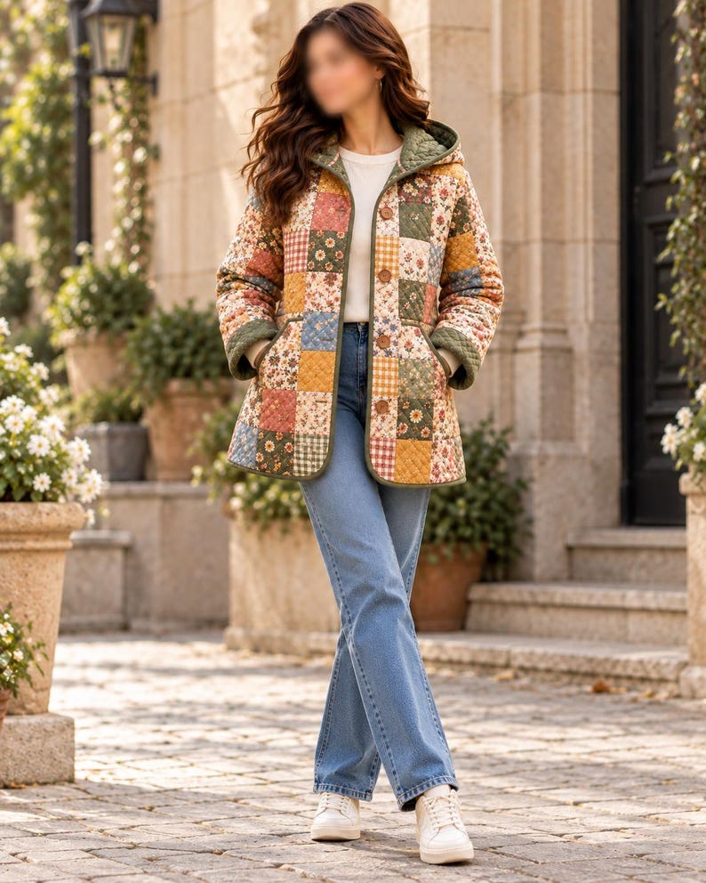 K&ouml;nnte beinhalten: Eine gesteppte Jacke mit einem Patchwork-Design aus Blumen- und Vichy-Karomustern in Gelb-, Gr&uuml;n-, Blau- und Rosat&ouml;nen. Die Jacke hat eine Kapuze, lange &Auml;rmel, eine Knopfleiste und zwei Vordertaschen und wird &uuml;ber einem wei&szlig;en Oberteil und einer blauen Jeans getragen.