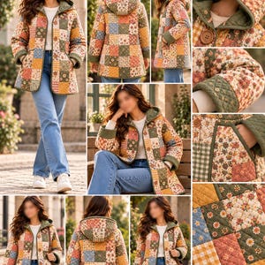 K&ouml;nnte beinhalten: Eine gesteppte Kapuzenjacke mit Patchwork-Design aus verschiedenen Blumen- und Vichy-Karomustern in Gr&uuml;n-, Gelb-, Blau- und Rosat&ouml;nen. Die Jacke hat lange &Auml;rmel mit gr&uuml;nen B&uuml;ndchen, eine Knopfleiste vorne und zwei seitliche Taschen.