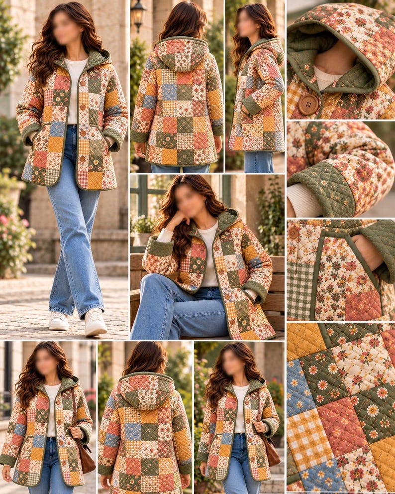K&ouml;nnte beinhalten: Eine gesteppte Kapuzenjacke mit Patchwork-Design aus verschiedenen Blumen- und Vichy-Karomustern in Gr&uuml;n-, Gelb-, Blau- und Rosat&ouml;nen. Die Jacke hat lange &Auml;rmel mit gr&uuml;nen B&uuml;ndchen, eine Knopfleiste vorne und zwei seitliche Taschen.
