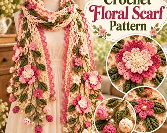Crochet Floral Scarf Pattern PDF, Botanical Lace Wrap, Flower Stole Tutorial, Boho Crochet Shawl