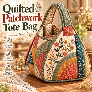 May include: A quilted patchwork tote bag featuring floral embroidery, curved fabric panels in shades of red, blue, green, and yellow, and two handles. The text Quilted Patchwork Tote Bag, Handmade Design, Detailed Embroidery, and Premium Quilted Fabric are visible.