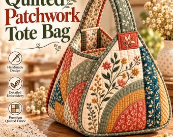 Quilted Patchwork Tote Bag, Vintage Floral Botanical Handbag, Cottagecore Shoulder Bag, Sage Green Fabric Purse
