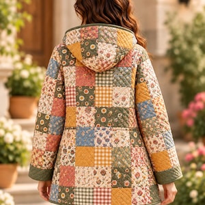 K&ouml;nnte beinhalten: Eine gesteppte Kapuzenjacke mit einem Patchwork-Design aus verschiedenen Blumen- und Vichy-Karomustern in Gelb-, Blau-, Gr&uuml;n- und Rosat&ouml;nen. Das Kleidungsst&uuml;ck hat lange &Auml;rmel, eine Kapuze und einen geraden Saum mit einem gr&uuml;nen Rand.
