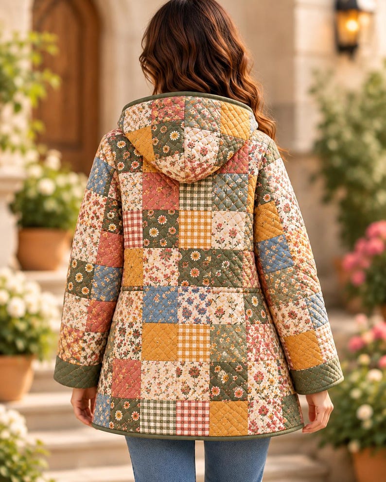 K&ouml;nnte beinhalten: Eine gesteppte Kapuzenjacke mit einem Patchwork-Design aus verschiedenen Blumen- und Vichy-Karomustern in Gelb-, Blau-, Gr&uuml;n- und Rosat&ouml;nen. Das Kleidungsst&uuml;ck hat lange &Auml;rmel, eine Kapuze und einen geraden Saum mit einem gr&uuml;nen Rand.