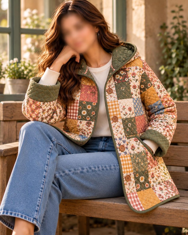 K&ouml;nnte beinhalten: Eine gesteppte Jacke mit einem Patchwork-Design aus Blumen- und Vichy-Karomustern in Gr&uuml;n-, Gelb-, Blau- und Rosat&ouml;nen. Die Jacke hat eine Kapuze, lange &Auml;rmel mit olivgr&uuml;nen B&uuml;ndchen und eine Knopfleiste mit braunen Kn&ouml;pfen.