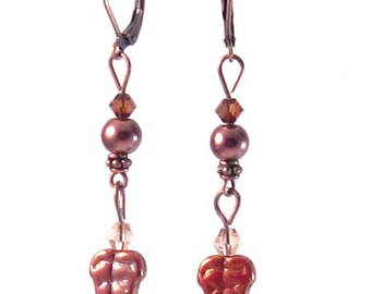 Shiny Copper Leaf, Pearl & Swarovski Crystal Dangle Earrings, Leaf Jewelry, Copper Jewelry, Fall Jewelry, Womens Fashion