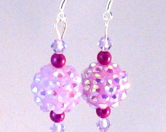 Lavender & Hot Pink Sparkle Ball and Crystal Earrings, Lavender Jewelry, Purple Jewelry, Summer Jewelry, Birthday Gifts