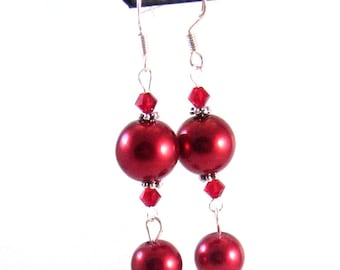 Red Glass Pearl & Swarovski Crystal Earrings, Red Jewelry, Red Pearl Jewelry, Christmas Jewelry, Holiday Jewelry, Womens Fashion