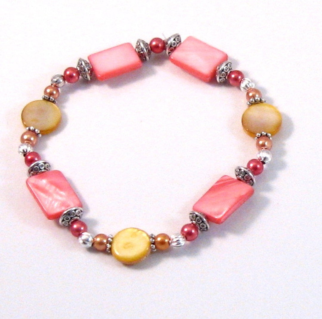 Coral & Sunshine Yellow Shell and Silver Stretch Bracelet - Etsy